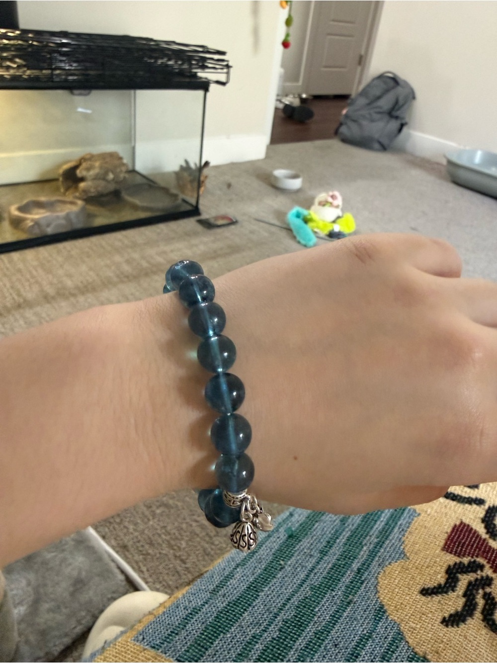 Natural Aquamarine Beaded Bracelet – 8mm – S925 Sterling Silver Charms